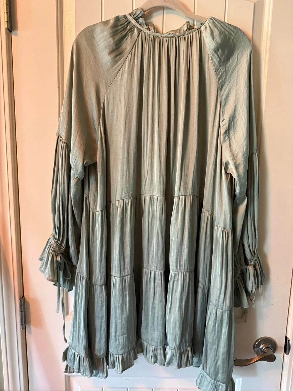 o.p.t by Anthropologie Sage Green Tiered V-Neck Tunic Top Liquid Shine NWT - Picture 8 of 13